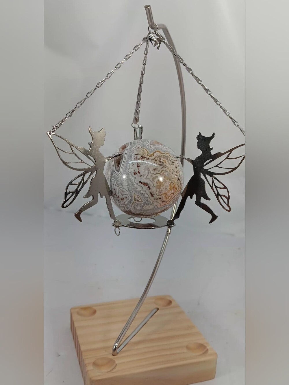Mexican Crazy Lace Agate Sphere W/ Druzy Pockets On Silver Pixie Display Stand